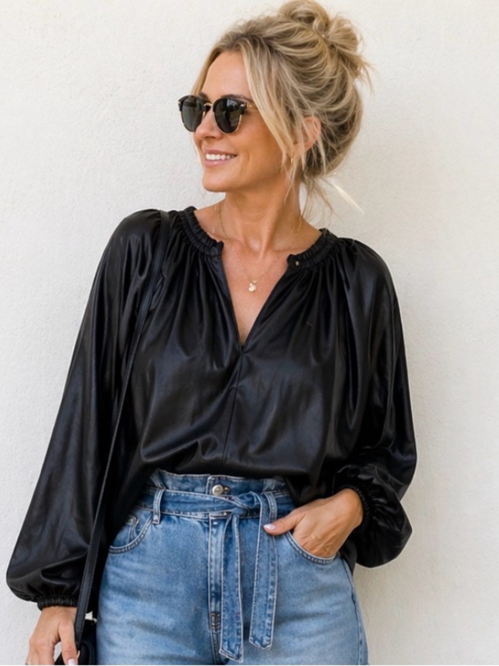 NWT Who What Wear black faux vegan leather blouse. Womens size Large.